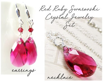 Ruby Crystal Jewelry Set, Teardrop Necklace and Earrings, Choose Sterling Silver or Gold Filled, July Birthday Birthstone Gift