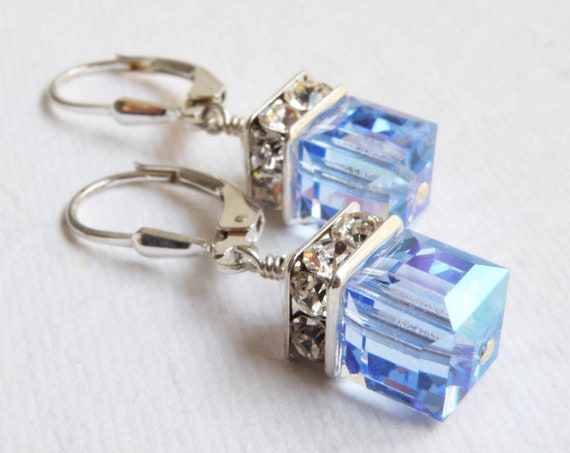 Light Sapphire Crystal Earrings Pale Blue Swarovski Cube Drop | Etsy
