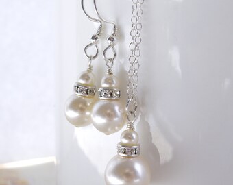 Floating Pearl Necklace and Dangle Earrings Jewelry Set, Sterling Silver or Gold Filled, Austrian Swarovski Pearl Elements, Handmade