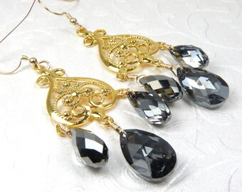 Black Diamond Chandelier Earrings, Swarovski Crystal Gold Statement Earrings, Victorian Style Jewelry, Large Dangle Earrings Gift