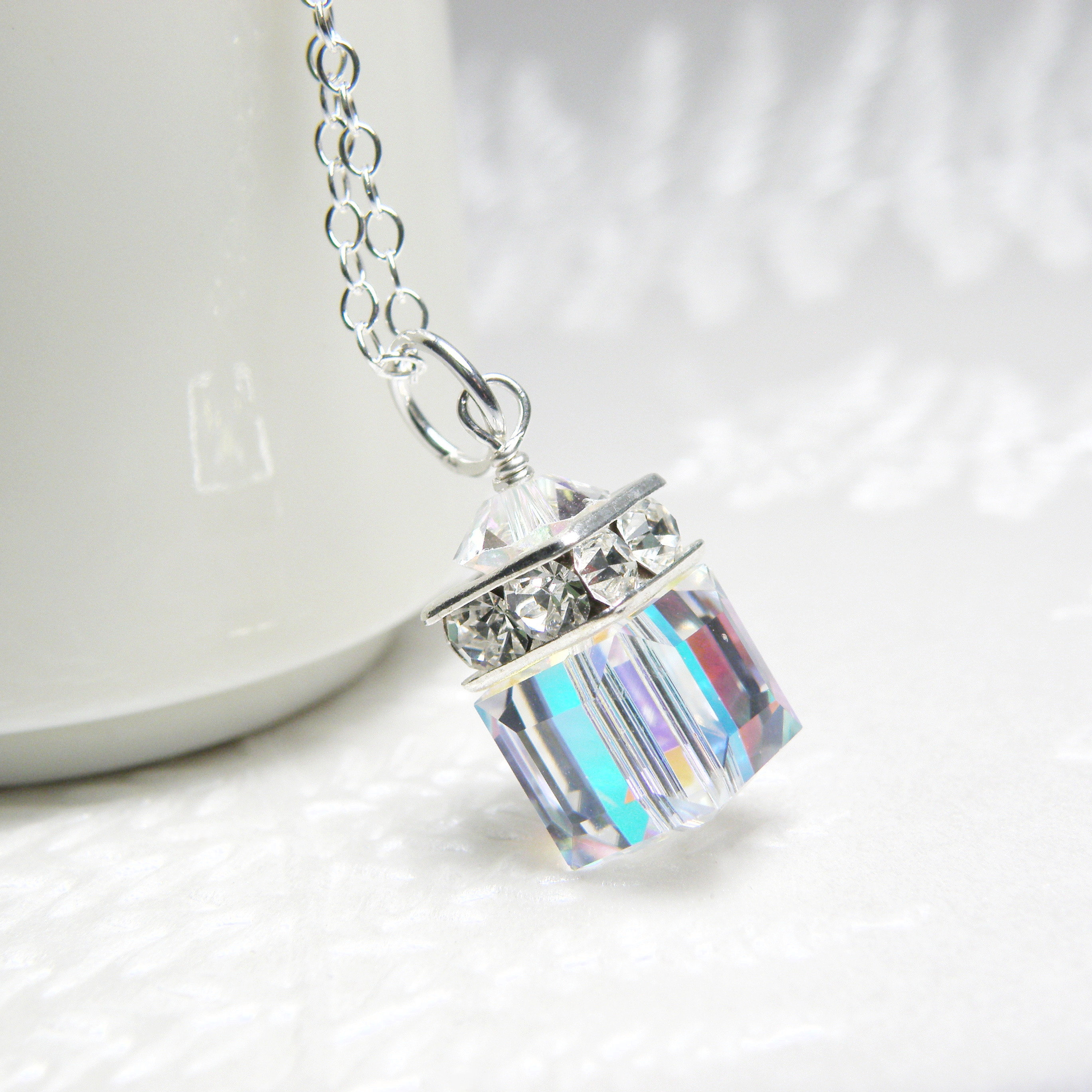 Clear Crystal Cube Necklace, Sterling Silver, Modern Clear Pendant, Winter Wedding Bridesmaid Jewelry, April October Birthday Gift