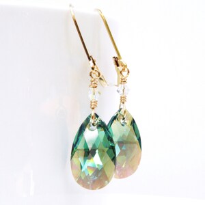 Green Tourmaline Teardrop Earrings, Sterling Silver or Gold Filled, Swarovski Crystal Dangle, October Birthday Gift, Handmade Jewelry