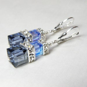Denim Blue Crystal Dangle Earrings, Sterling Silver or Gold Filled, Light Sapphire Swarovski Crystal Cube Bridesmaid Wedding Jewelry Gift