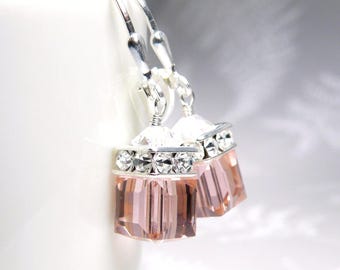 Blush Pink Crystal Earrings, Sterling Silver, Swarovski Crystal Dangle Earrings, Blush Cube Modern Wedding Jewelry Gifts for Bridesmaids