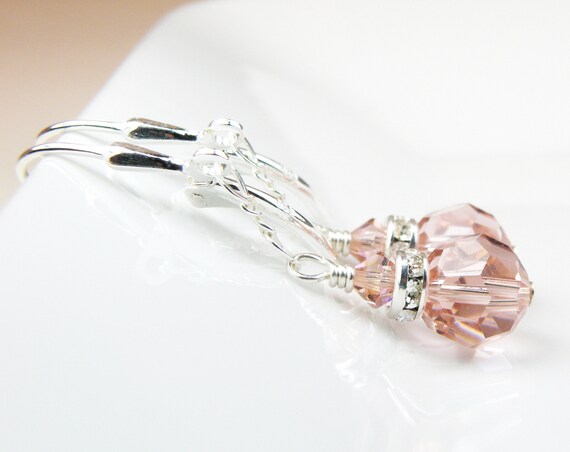 Orecchini pendenti rosa cipria, argento sterling, goccia di rosa vintage in cristallo Swarovski, regalo di gioielli per damigelle d'onore per matrimonio primaverile, orecchini per adolescenti - Italia