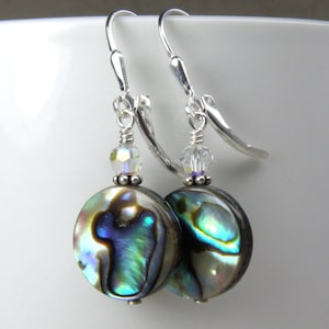 Flat Round Abalone Earrings, Sterling Silver Shell Jewelry, Paua Shell Earrings, Natural Teal Blue Mother of Pearl, Handmade Beach Jewelry image 1