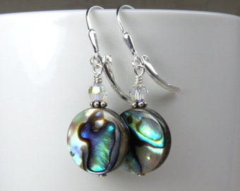 Flat Round Abalone Earrings, Sterling Silver Shell Jewelry, Paua Shell Earrings, Natural Teal Blue Mother of Pearl, Handmade Beach Jewelry