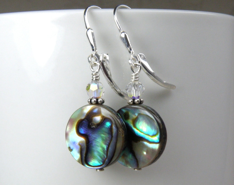 Flat Round Abalone Earrings, Sterling Silver Shell Jewelry, Paua Shell Earrings, Natural Teal Blue Mother of Pearl, Handmade Beach Jewelry image 1