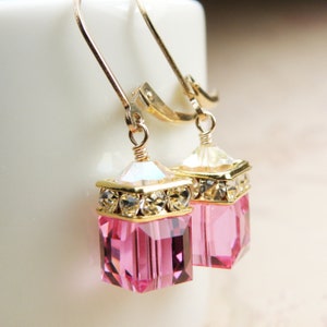 Pink Topaz Dangle Earrings Gold Filled, Rose Swarovski Crystal Cube, October Birthday Gift, Bridesmaids Pink Drop Wedding Earrings Gift image 3