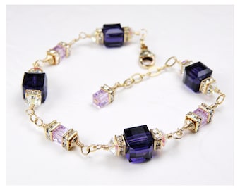 Gold Dark Purple Bracelet, Eggplant and Violet Crystal Cube Bracelet, Mother of the Bride Modern Wedding Jewelry, Anniversary Gift