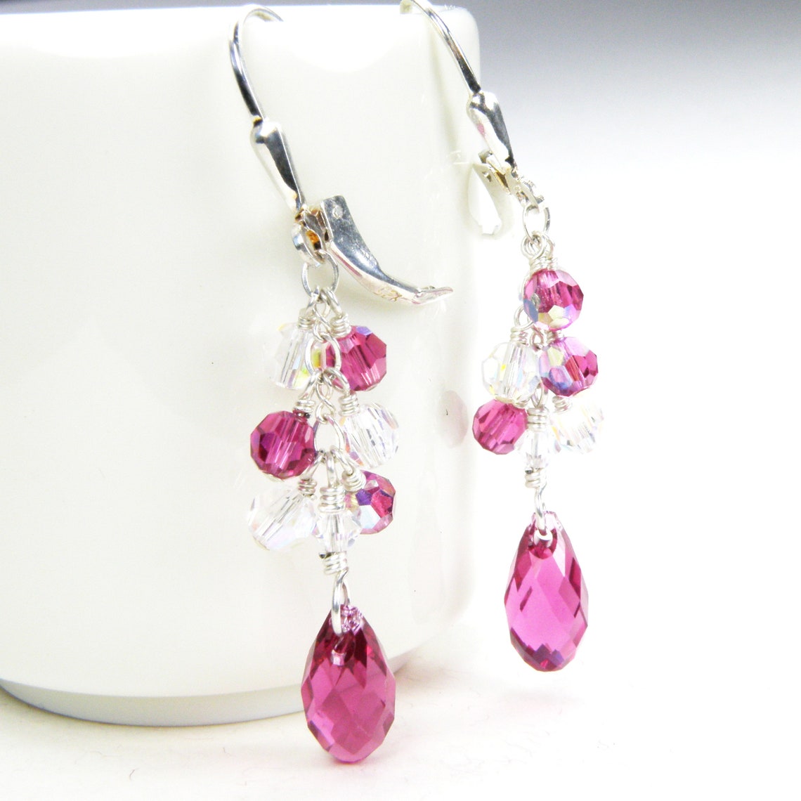 Fuchsia Dangle Earrings Sterling Silver Ruby Cluster Etsy