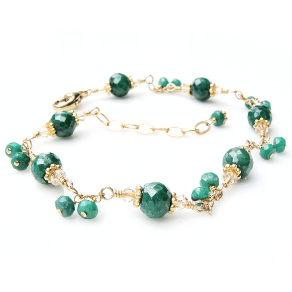 Mother's Day Gift for Her, Natural Emerald Bracelet, Gold Filled Romantic Anniversary Jewelry, Wife Heartfelt May Birthday Birthstone Gift
