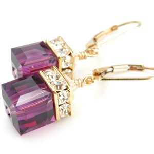 Gold Amethyst Crystal Earrings, Purple Plum Swarovski Cube Dangle Bridesmaids Wedding Jewelry, February Birthday Birthstone Gift image 3