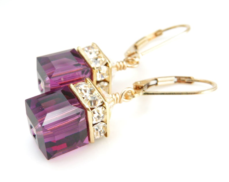 Gold Amethyst Crystal Earrings, Purple Plum Swarovski Cube Dangle Bridesmaids Wedding Jewelry, February Birthday Birthstone Gift image 3