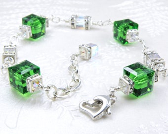 Light Emerald Crystal Bracelet, Sterling Silver or Gold Filled, Kelley Green Swarovski Cube, Art Deco Modern Wedding, May Birthday Gift