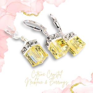 Yellow Jewelry Set, Citrine Crystal Sterling Silver Necklace and Earrings, Yellow Bridesmaid Wedding, November Birthday Gift