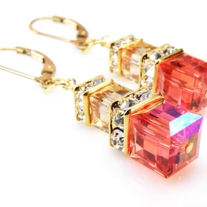 Orange Carnelian Crystal Earrings, Gold Filled or Sterling Silver, Swarovski Cube Dangle Bridesmaids Earrings, Warm Modern Wedding Jewelry