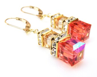 Orange Carnelian Crystal Earrings, Gold Filled or Sterling Silver, Swarovski Cube Dangle Bridesmaids Earrings, Warm Modern Wedding Jewelry