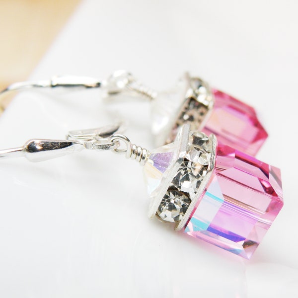 Pink Drop Earrings, Swarovski Crystal Cube, Sterling Silver, Bridesmaid Wedding Dangle, Modern Pink Topaz Jewelry, October Birthday Gift