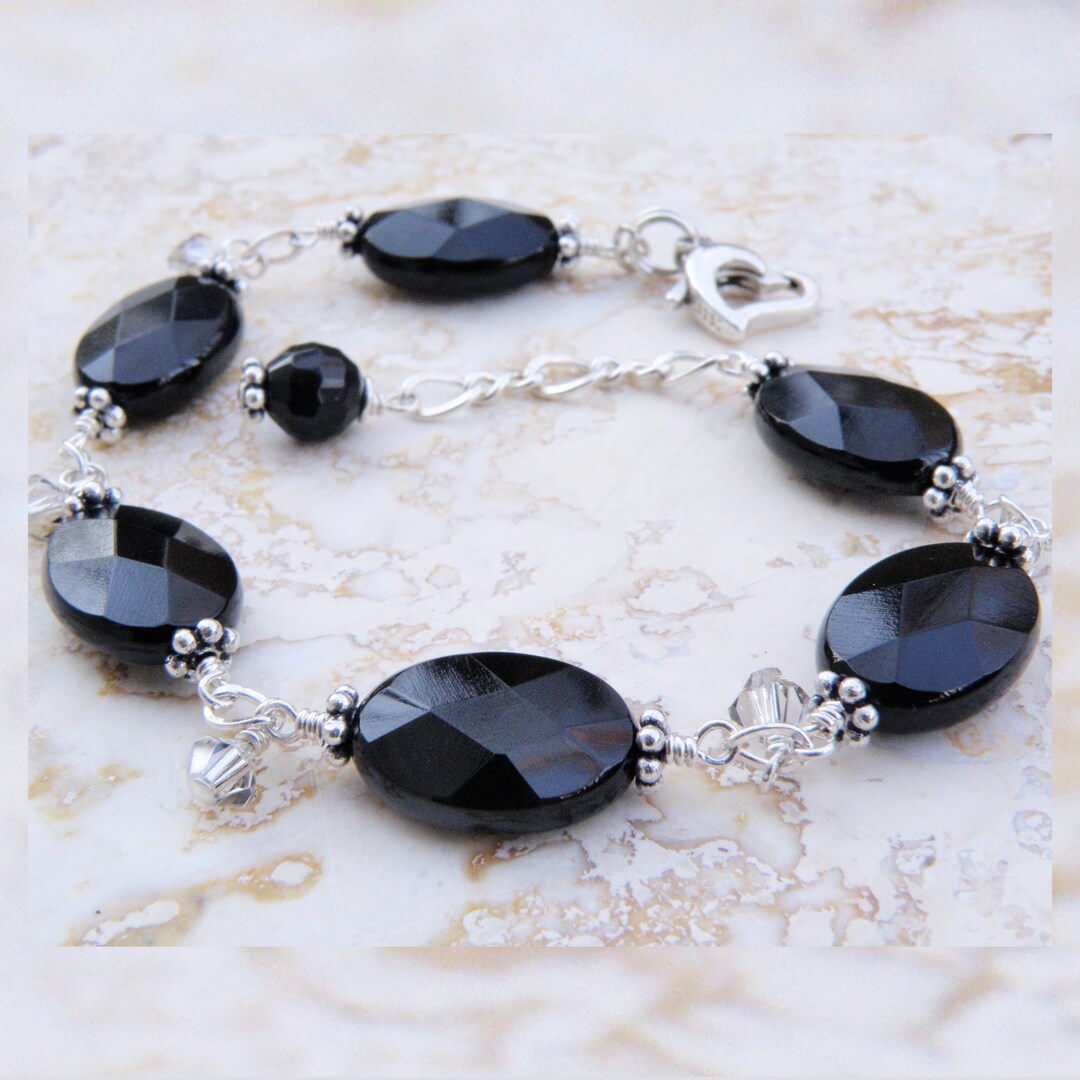Natural Black Onyx Stone Bracelet in Sterling Silver or Gold Etsy