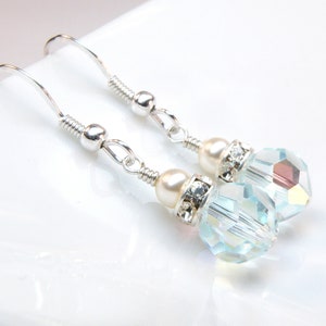 Pale Aquamarine Crystal Dangle Earrings, Swarovski Crystal, Like Water Light Teal, Pearl Accent Bridesmaids Jewelry, Handmade March Birthday