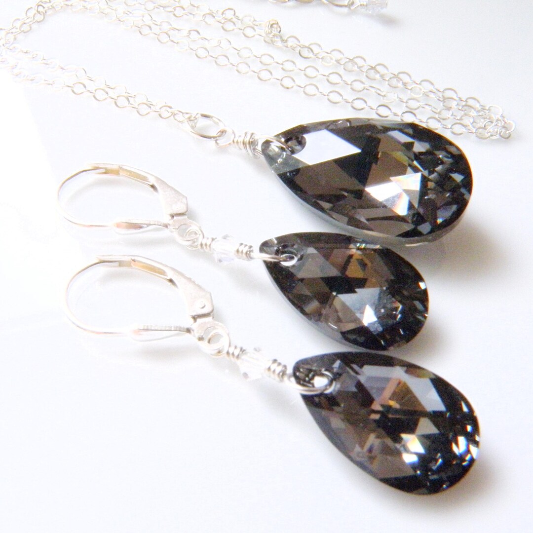 Black Diamond Teardrop Jewelry, Sterling Silver, Crystal Necklace