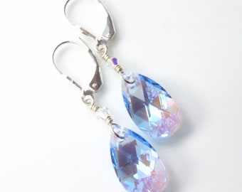 Light Blue Sapphire Crystal Earrings, Light Denim Teardrop Dangle in Sterling Silver or Gold Filled, September Birthday Jewelry Gift