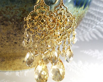 Gold Chandelier Earrings Wedding Jewelry, Yellow Topaz Swarovski Crystal Bridal Dangle Earrings, Large Earrings for Women