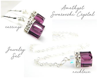 Amethyst Crystal Jewelry Set, Sterling Silver, Purple Cube Necklace and Earrings, February Birthday Gift for Women, Plum Wedding