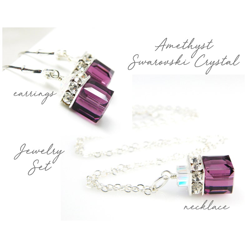 May include: Amethyst Swarovski crystal jewelry set, featuring a necklace and earrings. The necklace is a silver chain with a pendant featuring a purple crystal with clear crystal accents. The earrings are silver hooks with a purple crystal and clear crystal accents.