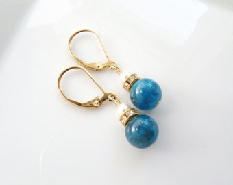 Teal Apatite Dangle Earrings in Gold Filled or Sterling Silver, Deep Teal Stone Earrings, Bridesmaids Wedding Jewelry, Christmas Gifts