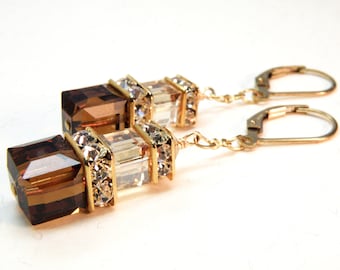 Chocolate Brown Earrings, Gold Filled, Swarovski Crystal Cube Dangle Earrings, Autumn Wedding Fall Jewelry Bridesmaids Earrings Gift