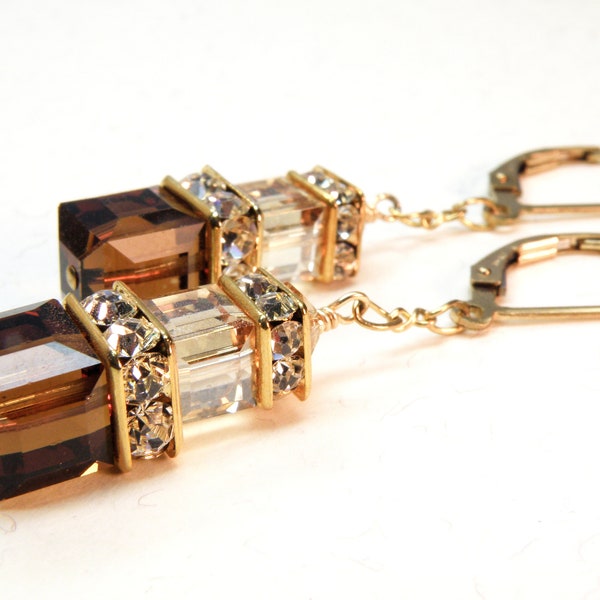 Chocolate Brown Earrings, Gold Filled, Swarovski Crystal Cube Dangle Earrings, Autumn Wedding Fall Jewelry Bridesmaids Earrings Gift