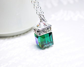 Emerald Crystal Necklace, Deep Green Swarovski Crystal Cube Jewelry, Bridesmaid Wedding Necklace, May Birthday Gift, Emerald Birthstone Gift