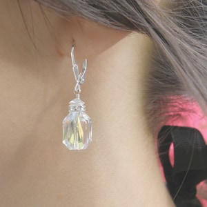Vintage Style Clear Crystal Dangle Earrings, Rectangle Emerald Cut Swarovski Crystal, Bridal Wedding Dangle, Diamond Color April Birthday