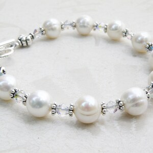 White Pearl Bracelet, Sterling Silver, Real Freshwater Classic Beaded Strand, Heart Clasp, June Birthstone Birthday Gift Handmade Jewelry image 3