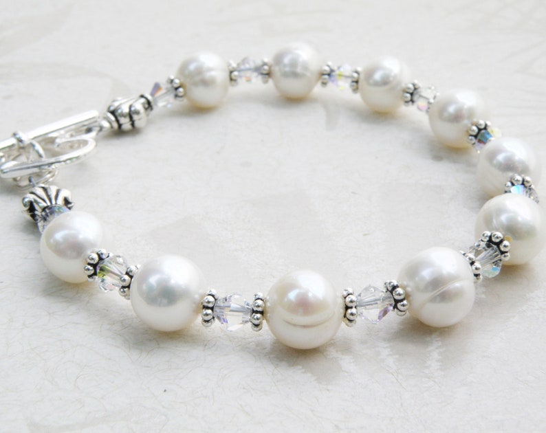 White Pearl Bracelet, Sterling Silver, Real Freshwater Classic Beaded Strand, Heart Clasp, June Birthstone Birthday Gift Handmade Jewelry image 3