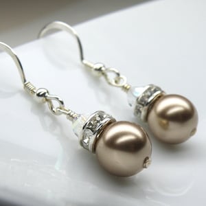 Rustic Champagne Earrings, Taupe Swarovski Pearl Drop, Sterling Silver, Bridal Party Handmade Jewelry, Beige Bridesmaid Wedding Gift