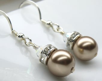 Rustic Champagne Earrings, Taupe Swarovski Pearl Drop, Sterling Silver, Bridal Party Handmade Jewelry, Beige Bridesmaid Wedding Gift