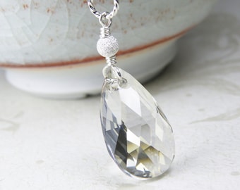 Silver Teardrop Swarovski Crystal Pendant, Sterling Silver Chain Gray Crystal Necklace, Bridesmaid Wedding Jewelry, Gift for Daughter