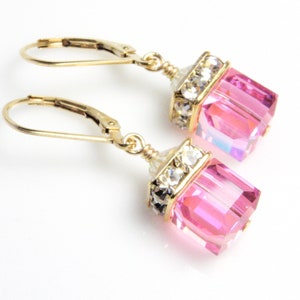 Pink Topaz Dangle Earrings Gold Filled, Rose Swarovski Crystal Cube, October Birthday Gift, Bridesmaids Pink Drop Wedding Earrings Gift image 6