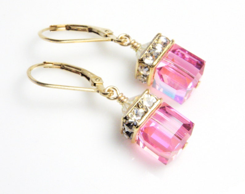 Pink Topaz Dangle Earrings Gold Filled, Rose Swarovski Crystal Cube, October Birthday Gift, Bridesmaids Pink Drop Wedding Earrings Gift image 6