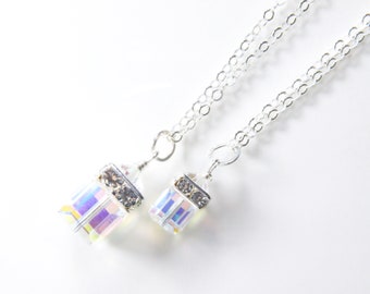 Choose Your Birthstone Necklace, Swarovski Crystal Cube, Sterling Silver or Gold Filled, Set of Two Custom Bridesmaid Jewelry Gift