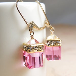 Pink Topaz Dangle Earrings Gold Filled, Rose Swarovski Crystal Cube, October Birthday Gift, Bridesmaids Pink Drop Wedding Earrings Gift image 5