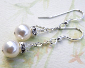 White Pearl Earrings, Swarovski Crystal, Sterling Silver, Bridal Wedding Jewelry, Simple Bridesmaid Earrings, Ivory Bride Earrings, Handmade