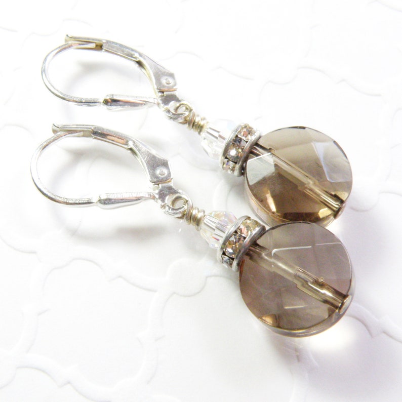 Brown Coin Stone Earrings Smoky Quartz Earrings Short Dangle Earrings Taupe Bridesmaids Wedding Jewelry Autumn Fashion Sterling Silver