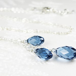 Sapphire Blue Swarovski Necklace, Triple Teardrop Crystal Pendant, Sterling Silver Y Necklace, Bridesmaid Wedding Jewelry Handmade Gift