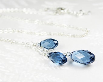 Sapphire Blue Swarovski Necklace, Triple Teardrop Crystal Pendant, Sterling Silver Y Necklace, Bridesmaid Wedding Jewelry Handmade Gift