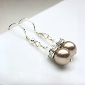 Rustic Champagne Earrings, Taupe Swarovski Pearl Drop, Sterling Silver, Bridal Party Handmade Jewelry, Beige Bridesmaid Wedding Gift