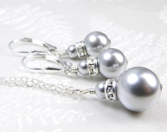 Classic Gray Pearl Jewelry, Sterling Silver, Bridesmaids Necklace and Earrings, Grey Pearl Bridal Sets, Silver Minimalist Wedding, Handmade